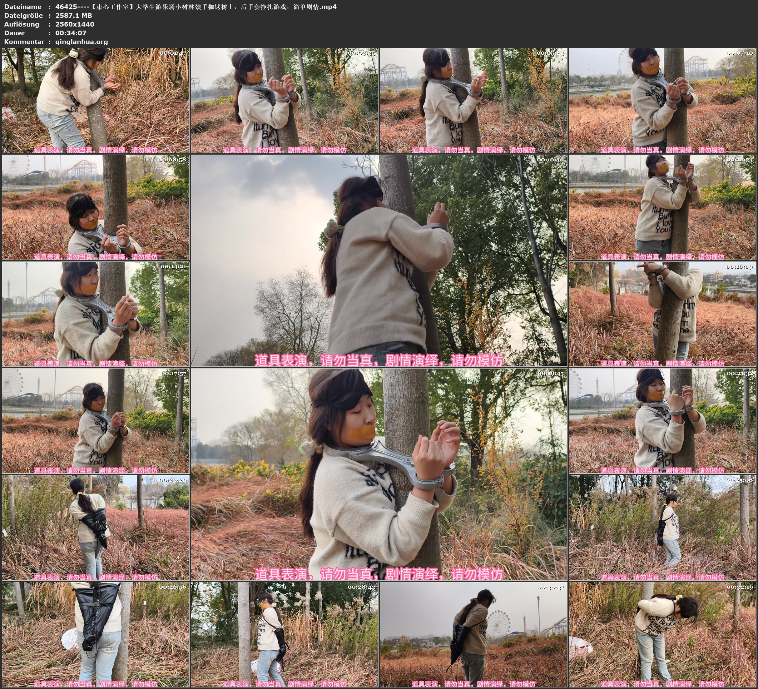46425----【束心工作室】大学生游乐场小树林颈手枷铐树上，后手套挣扎游戏，简单剧情.jpg