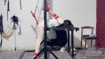 【媚娘工作室】安沐 白色职场服装，白丝，白色高跟鞋，配上红色绳子后高手，分腿缚，R夹，用棍子卡住下T,棍子上绑上两个ZD棒，强高，叫声连天