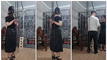 【皖北绳艺】雪雪金属初体验、手铐脚镣、黑色连衣裙、黑色高跟鞋、黑色大波浪